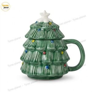 Potter Studio Christmas Tree Ceramic Mug with Lid & Handle – Festive Holiday Cup
